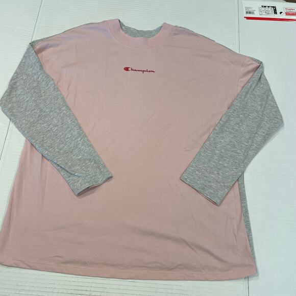 Champion two tone pink and gray Large long sleeve pullover top front cuff logo - Picture 5 of 12